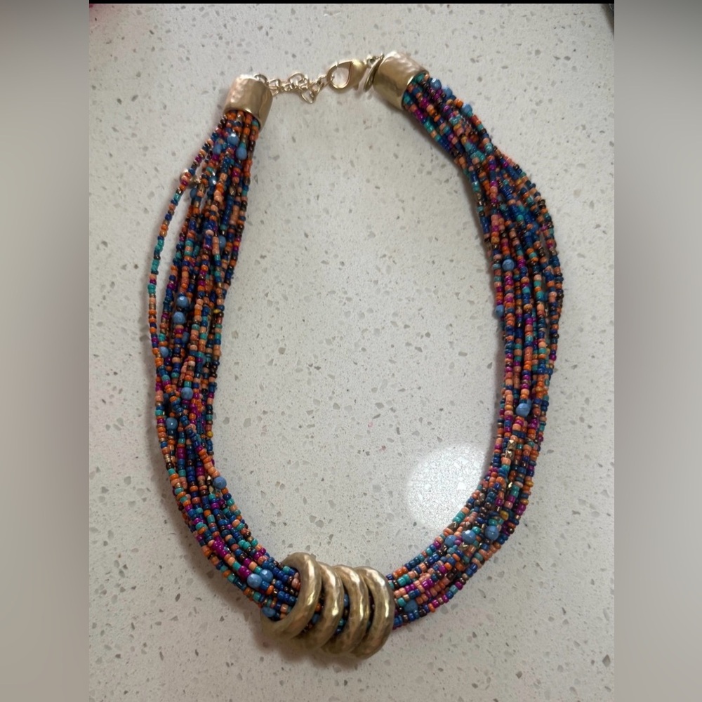 Vtg Chicos Multicolored Chunky Beaded
Statement Necklace Bold Gold Tone